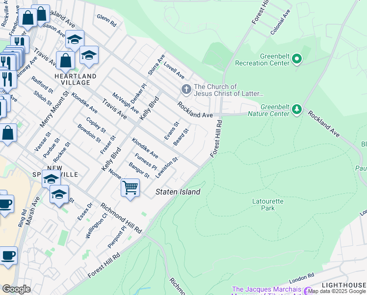 map of restaurants, bars, coffee shops, grocery stores, and more near 56 Beard Street in Staten Island