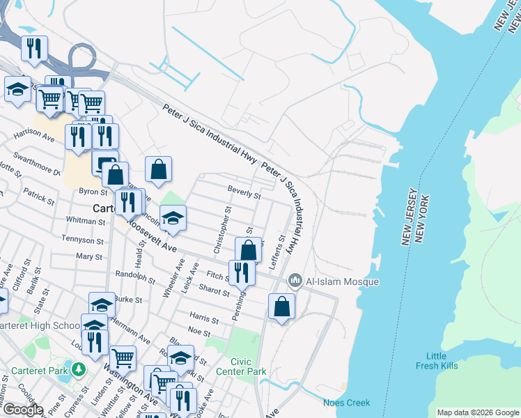 map of restaurants, bars, coffee shops, grocery stores, and more near 4203 Bristol Station Court in Carteret