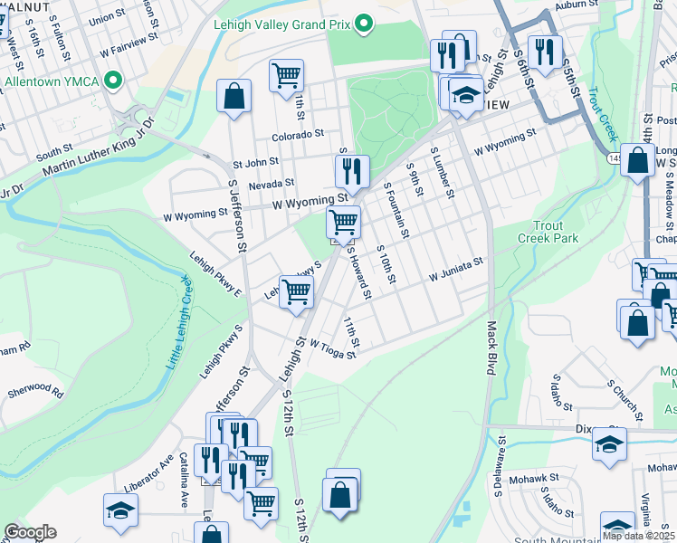 map of restaurants, bars, coffee shops, grocery stores, and more near 1043 Lehigh Street in Allentown