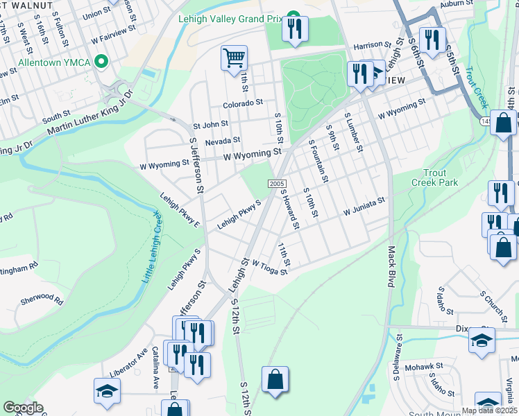 map of restaurants, bars, coffee shops, grocery stores, and more near 1102 Lehigh Street in Allentown