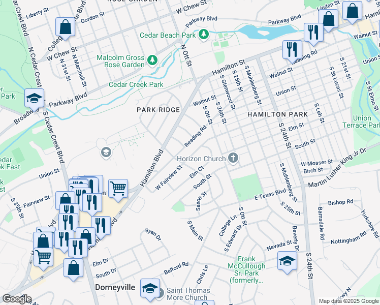 map of restaurants, bars, coffee shops, grocery stores, and more near 2821 Reading Road in Allentown