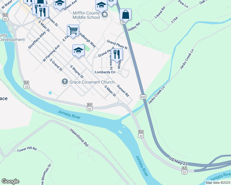 map of restaurants, bars, coffee shops, grocery stores, and more near 903 South Main Street in Lewistown