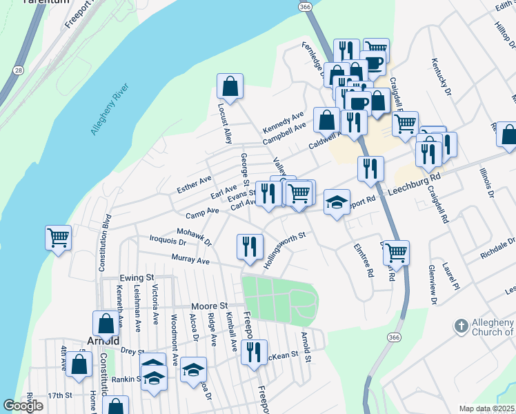 map of restaurants, bars, coffee shops, grocery stores, and more near 615 Carl Avenue in New Kensington