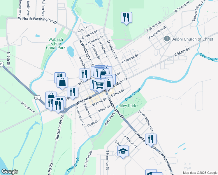 map of restaurants, bars, coffee shops, grocery stores, and more near 101-199 South Union Street in Delphi