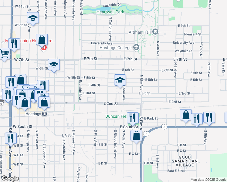 map of restaurants, bars, coffee shops, grocery stores, and more near 313 North Cedar Avenue in Hastings
