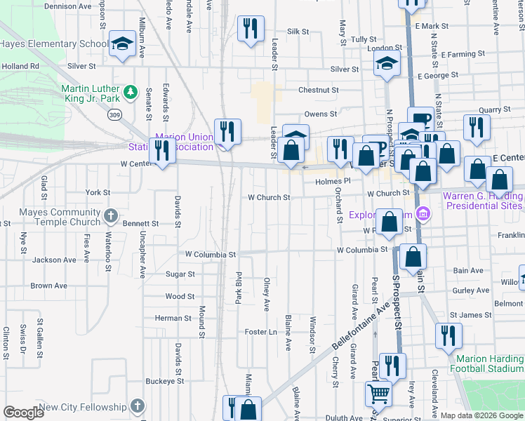 map of restaurants, bars, coffee shops, grocery stores, and more near 425 West Church Street in Marion