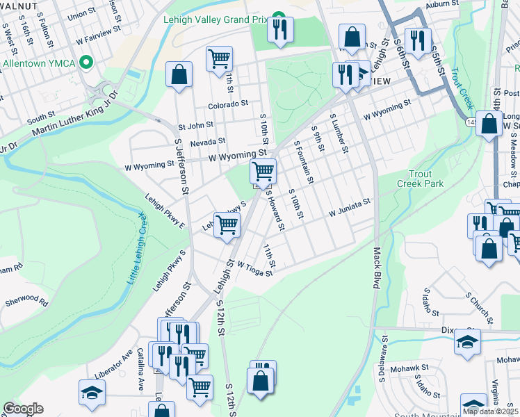 map of restaurants, bars, coffee shops, grocery stores, and more near 1113 Lehigh Street in Allentown
