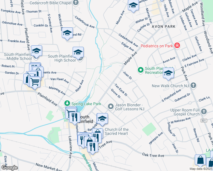 map of restaurants, bars, coffee shops, grocery stores, and more near 130 Maple Place in South Plainfield