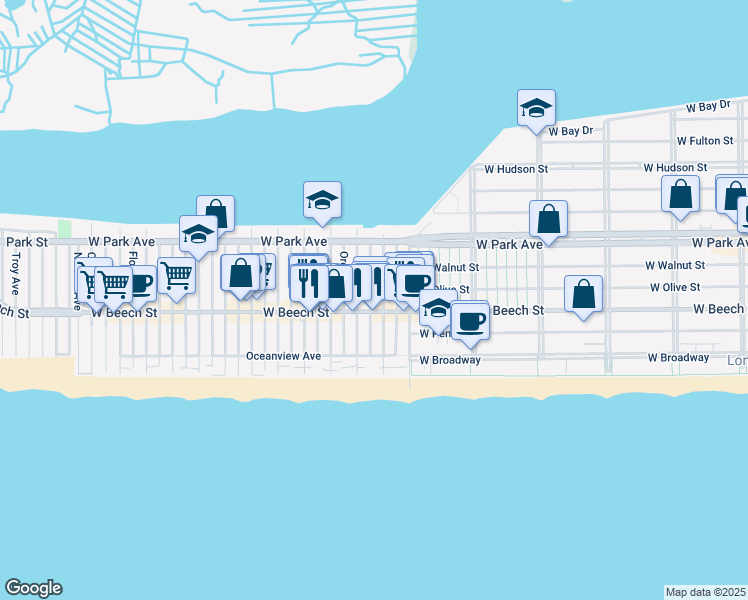 map of restaurants, bars, coffee shops, grocery stores, and more near 62 Nebraska Street in Long Beach