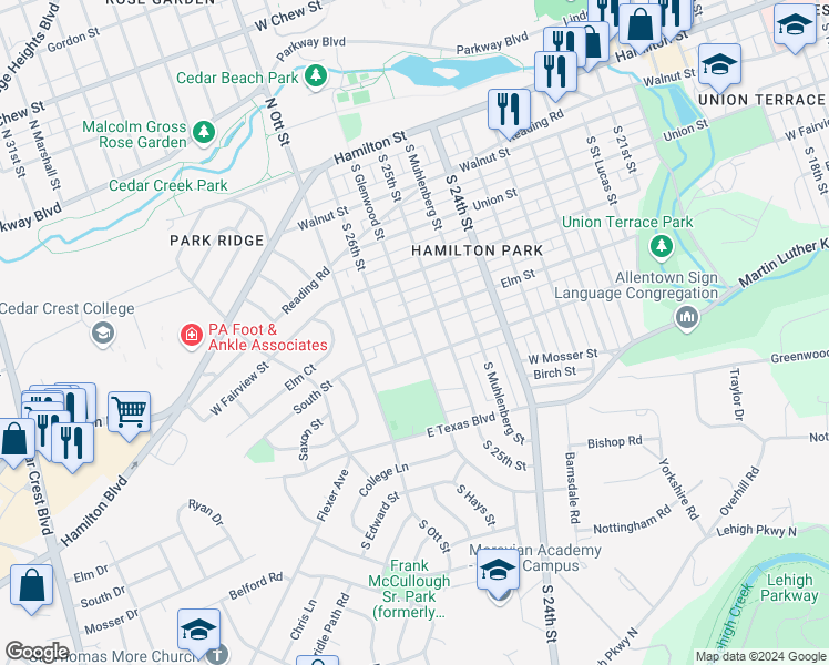 map of restaurants, bars, coffee shops, grocery stores, and more near 2528 Ford Street in Allentown