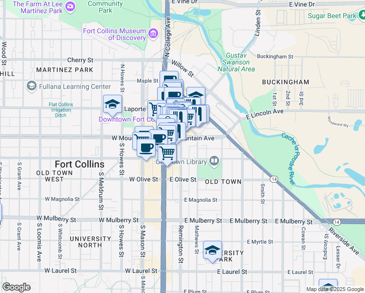 map of restaurants, bars, coffee shops, grocery stores, and more near 102 Remington Street in Fort Collins
