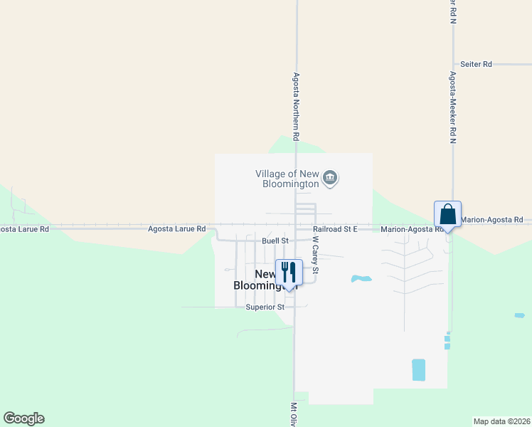 map of restaurants, bars, coffee shops, grocery stores, and more near 124 Union Street in New Bloomington