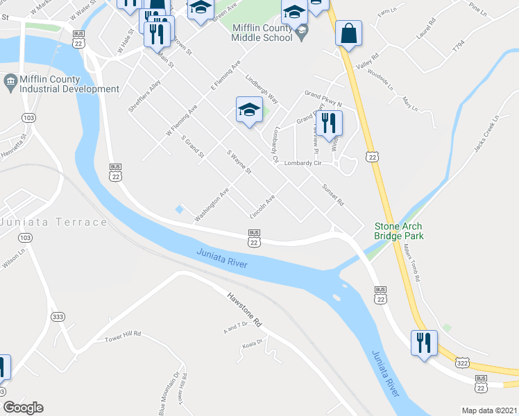 map of restaurants, bars, coffee shops, grocery stores, and more near 733 South Grand Street in Lewistown