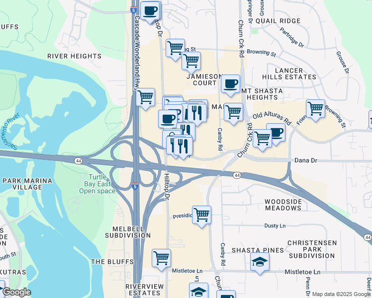 map of restaurants, bars, coffee shops, grocery stores, and more near 900 Dana Drive in Redding