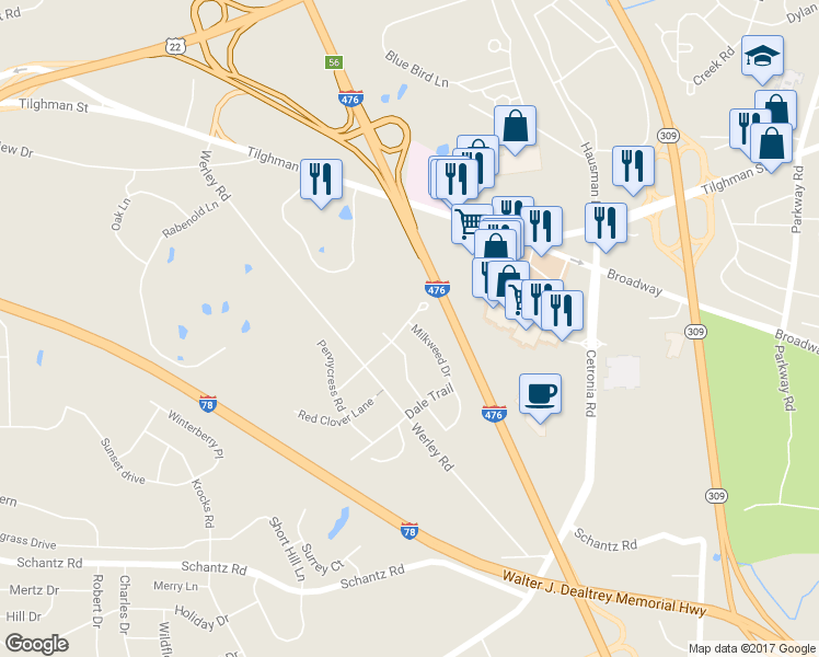 map of restaurants, bars, coffee shops, grocery stores, and more near 319 Milkweed Drive in Allentown