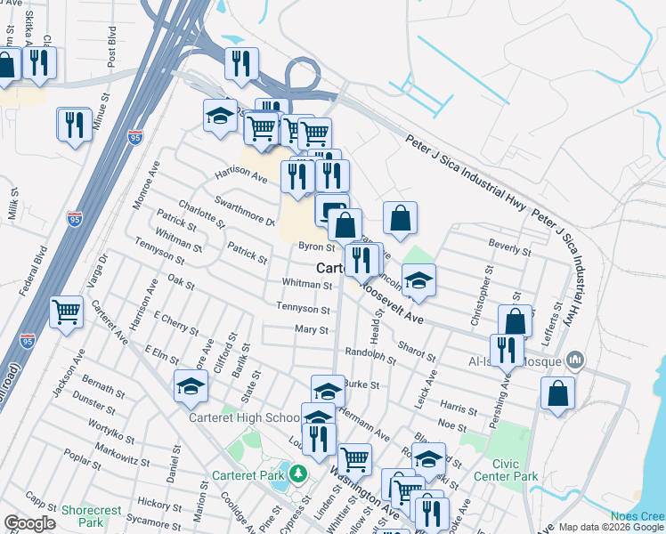 map of restaurants, bars, coffee shops, grocery stores, and more near in Carteret
