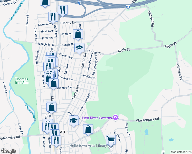 map of restaurants, bars, coffee shops, grocery stores, and more near 617 Phillips Street in Hellertown