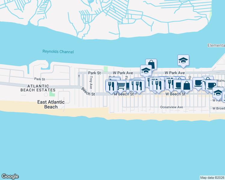map of restaurants, bars, coffee shops, grocery stores, and more near 76 Nevada Avenue in Long Beach