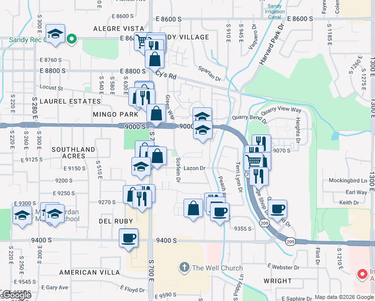 map of restaurants, bars, coffee shops, grocery stores, and more near East 9085 South in Sandy