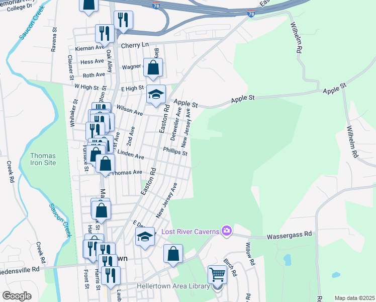 map of restaurants, bars, coffee shops, grocery stores, and more near 617 Phillips Street in Hellertown