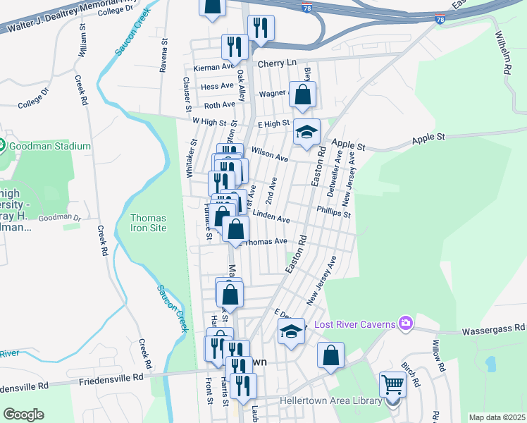 map of restaurants, bars, coffee shops, grocery stores, and more near 135 Linden Avenue in Hellertown