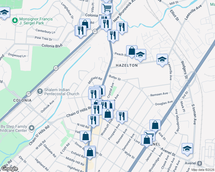 map of restaurants, bars, coffee shops, grocery stores, and more near 1400 Saint Georges Avenue in Woodbridge Township