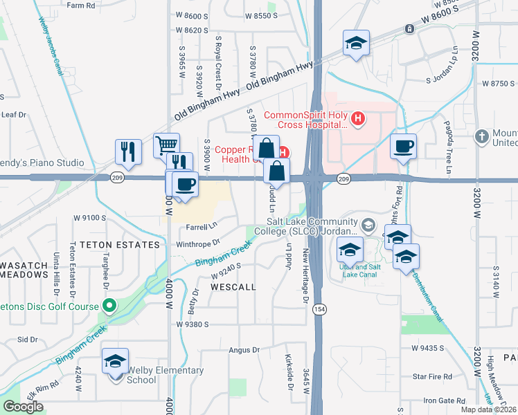 map of restaurants, bars, coffee shops, grocery stores, and more near 9073 Elmhearst Drive in West Jordan