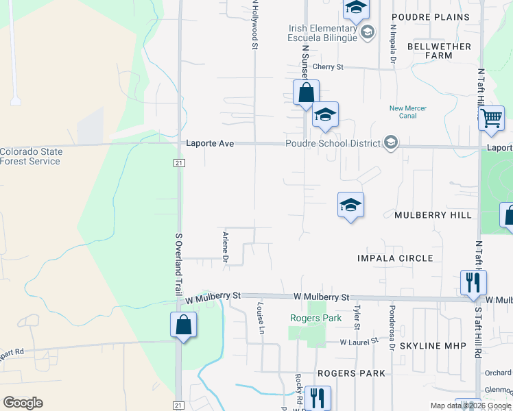 map of restaurants, bars, coffee shops, grocery stores, and more near 204 South Hollywood Street in Fort Collins