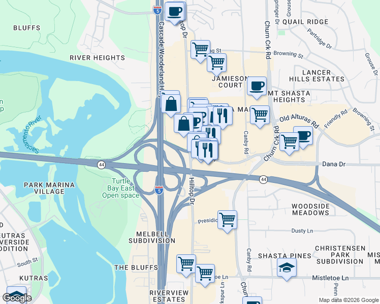 map of restaurants, bars, coffee shops, grocery stores, and more near Hilltop Dr & Dana Dr in Redding