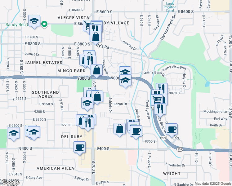 map of restaurants, bars, coffee shops, grocery stores, and more near 807 Whisper Cove Road in Sandy