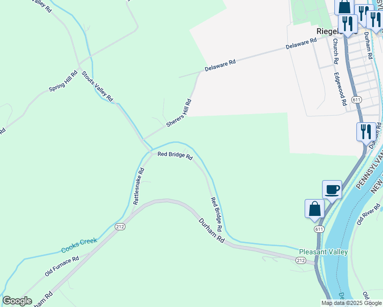 map of restaurants, bars, coffee shops, grocery stores, and more near 239 Red Bridge Road in Kintnersville