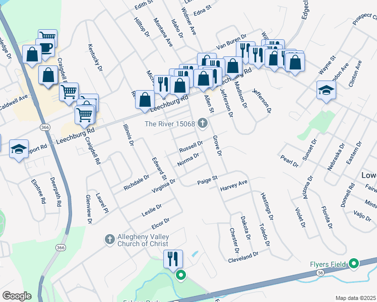 map of restaurants, bars, coffee shops, grocery stores, and more near 2667 Russell Drive in New Kensington