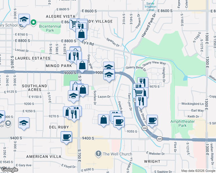 map of restaurants, bars, coffee shops, grocery stores, and more near East 9085 South in Sandy