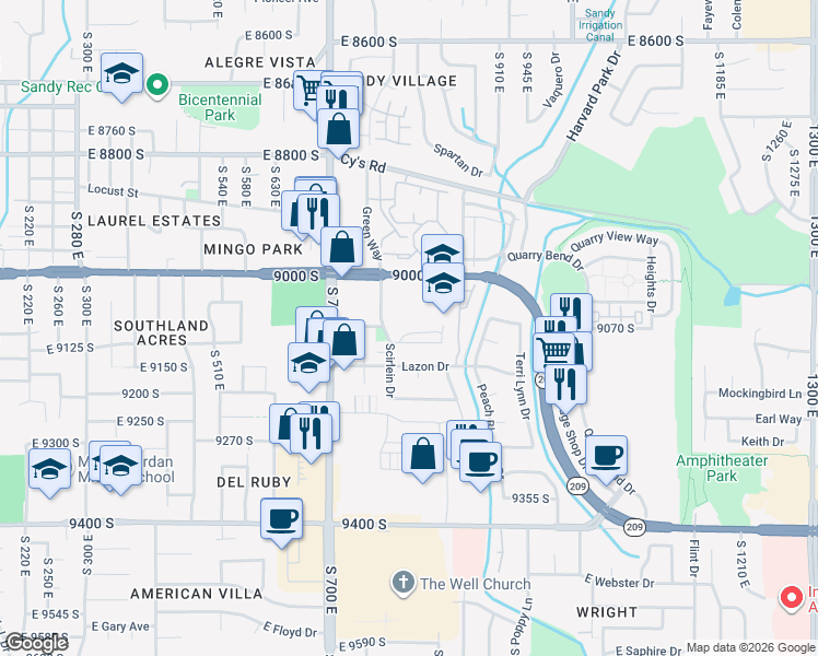 map of restaurants, bars, coffee shops, grocery stores, and more near East 9085 South in Sandy