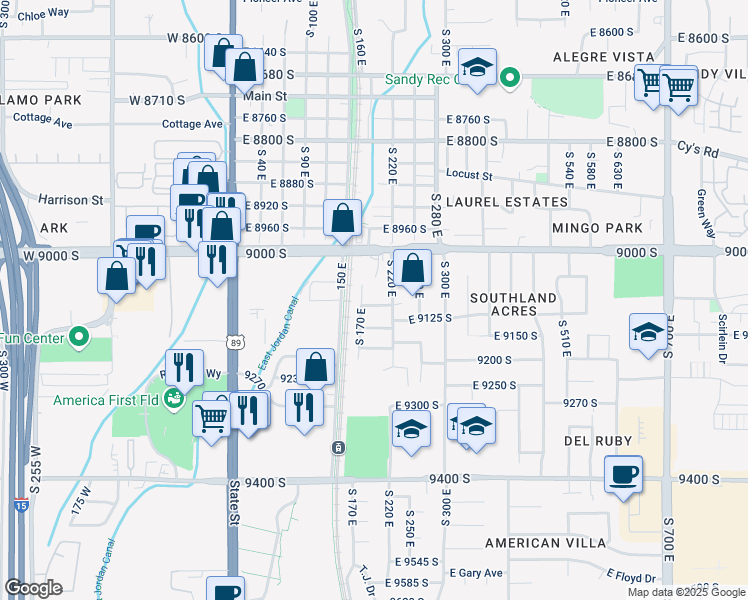 map of restaurants, bars, coffee shops, grocery stores, and more near 9055 Jason K Circle in Sandy