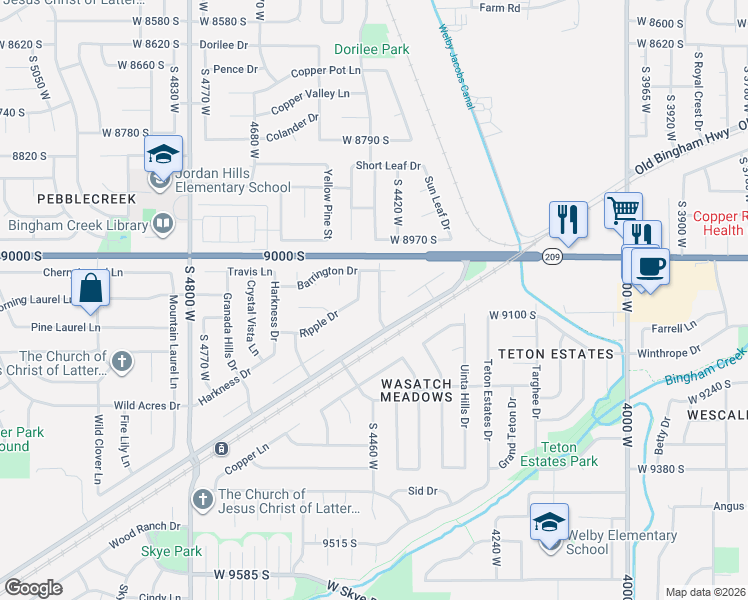 map of restaurants, bars, coffee shops, grocery stores, and more near 9041 Ripple Drive in West Jordan