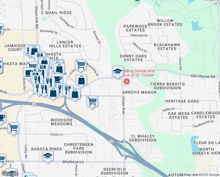 map of restaurants, bars, coffee shops, grocery stores, and more near 1269 Old Alturas Road in Redding
