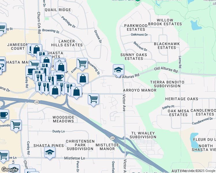 map of restaurants, bars, coffee shops, grocery stores, and more near 1269 Old Alturas Road in Redding