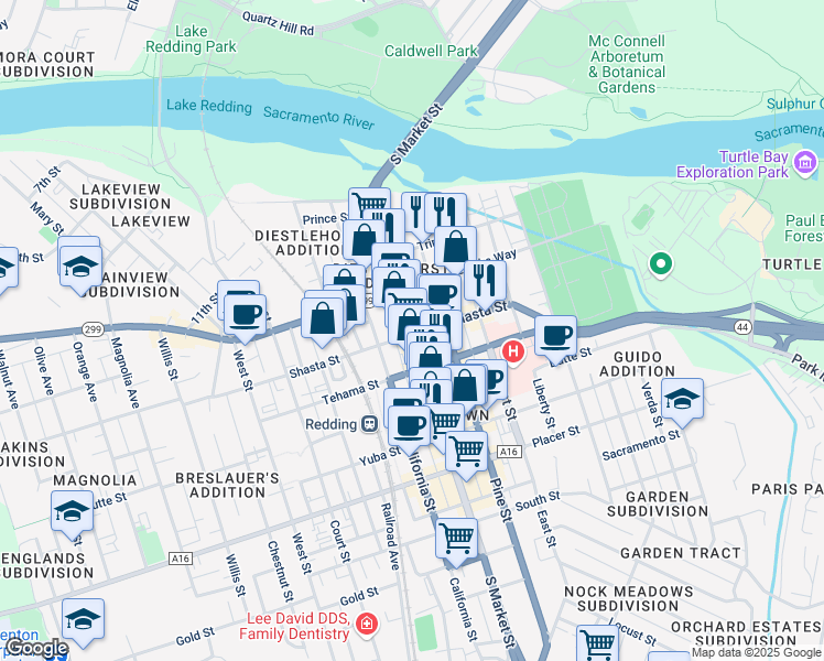 map of restaurants, bars, coffee shops, grocery stores, and more near in Redding