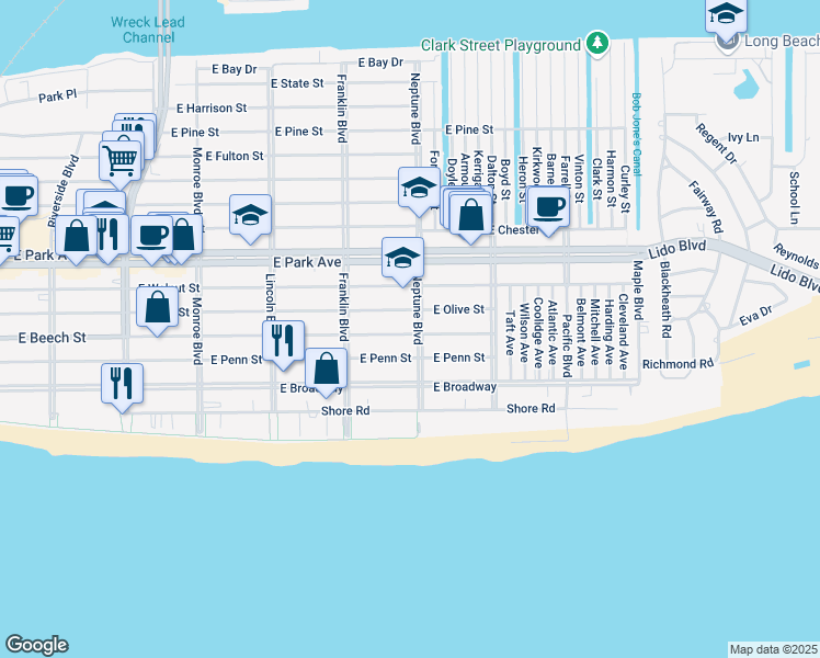 map of restaurants, bars, coffee shops, grocery stores, and more near 217 Neptune Boulevard in Long Beach