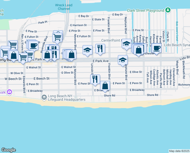 map of restaurants, bars, coffee shops, grocery stores, and more near 424 East Olive Street in Long Beach