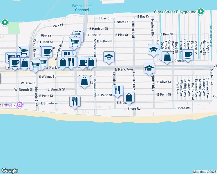 map of restaurants, bars, coffee shops, grocery stores, and more near 368 East Olive Street in Long Beach