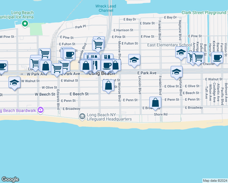 map of restaurants, bars, coffee shops, grocery stores, and more near 260 East Olive Street in Long Beach