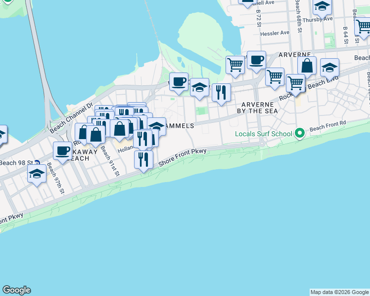 map of restaurants, bars, coffee shops, grocery stores, and more near 8100 Shore Front Parkway in Queens