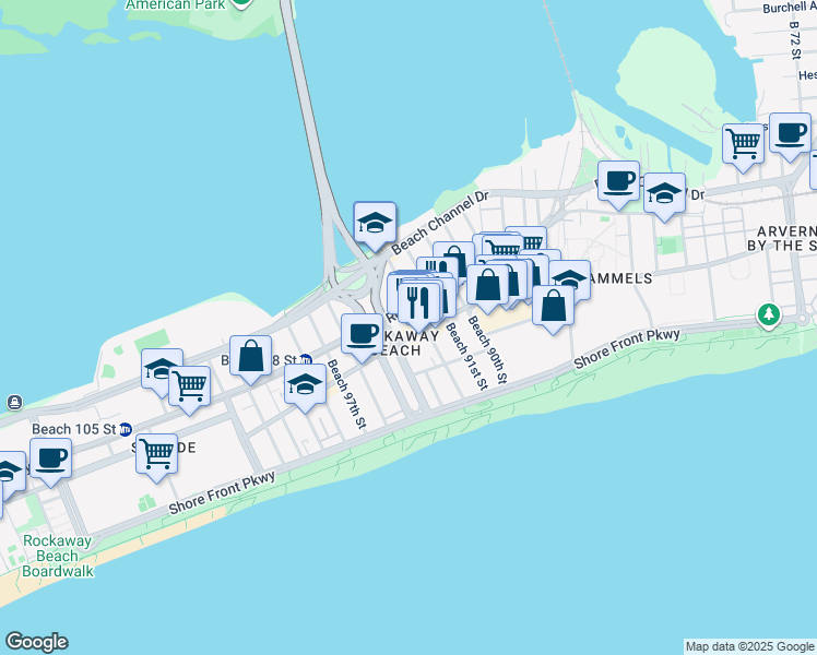 map of restaurants, bars, coffee shops, grocery stores, and more near 92- 16 Rockaway Freeway in Queens