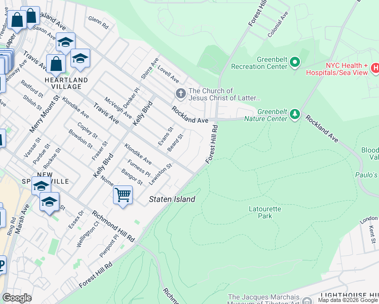 map of restaurants, bars, coffee shops, grocery stores, and more near 33 Lewiston Street in Staten Island