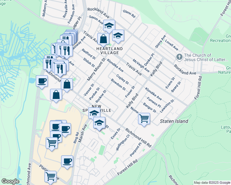 map of restaurants, bars, coffee shops, grocery stores, and more near 54 Bowdoin Street in Staten Island
