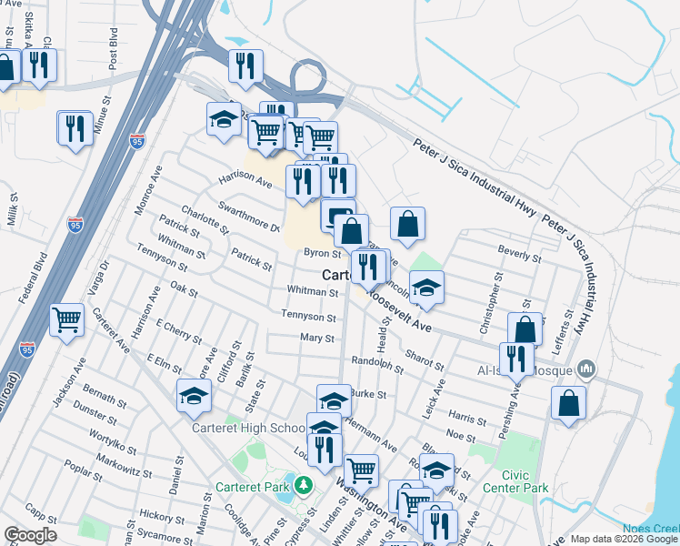 map of restaurants, bars, coffee shops, grocery stores, and more near in Carteret