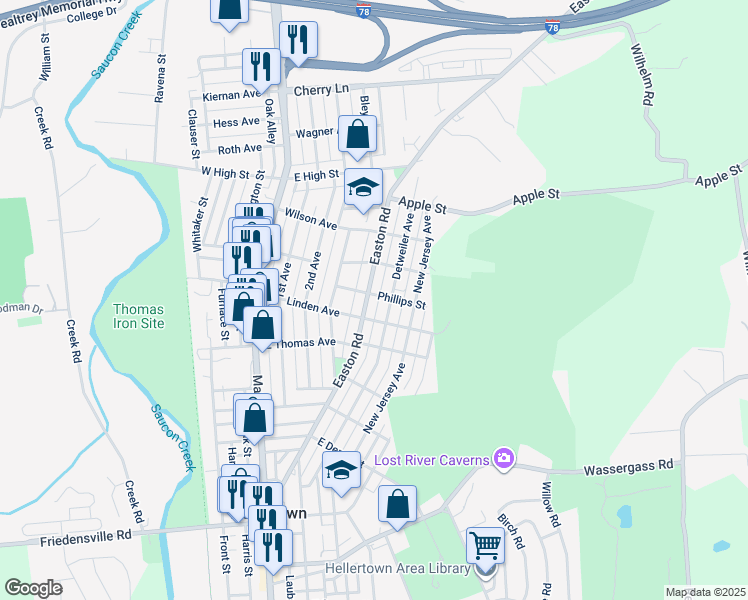 map of restaurants, bars, coffee shops, grocery stores, and more near 1227 Easton Road in Hellertown