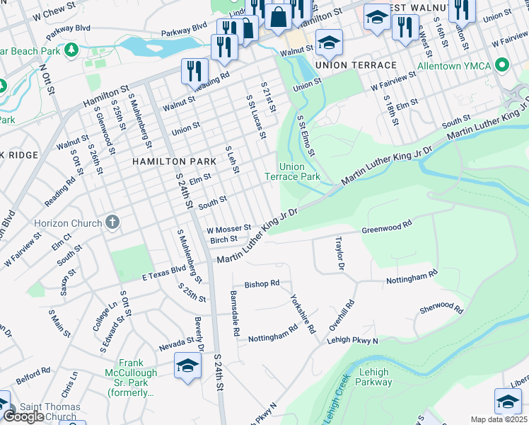 map of restaurants, bars, coffee shops, grocery stores, and more near 531 South 22nd Street in Allentown